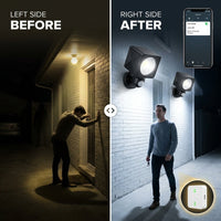 Black Smart Lighting Motion Activated Outdoor Integrated LED Spot Light Battery 2-Pack with Smart Lighting Bridge White — Before & After