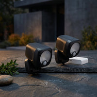 Black Smart Lighting Motion Activated Outdoor Integrated LED Spot Light Battery 2-Pack with Smart Lighting Bridge White — Studio Shot