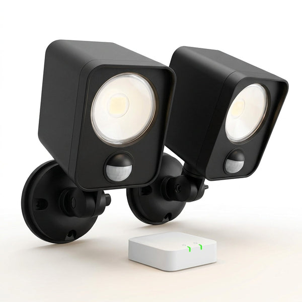 Black Smart Lighting Motion Activated Outdoor Integrated LED Spot Light Battery 2-Pack with Smart Lighting Bridge White — Studio Shot