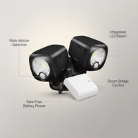 Black Smart Lighting Motion Activated Outdoor Integrated LED Spot Light Battery 2-Pack with Smart Lighting Bridge White — infographic