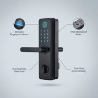 Smart Door Lock Built to Secure Any Entry, Fingerprint Recognition, IP55 Waterproof, Stainless Steel — infographic